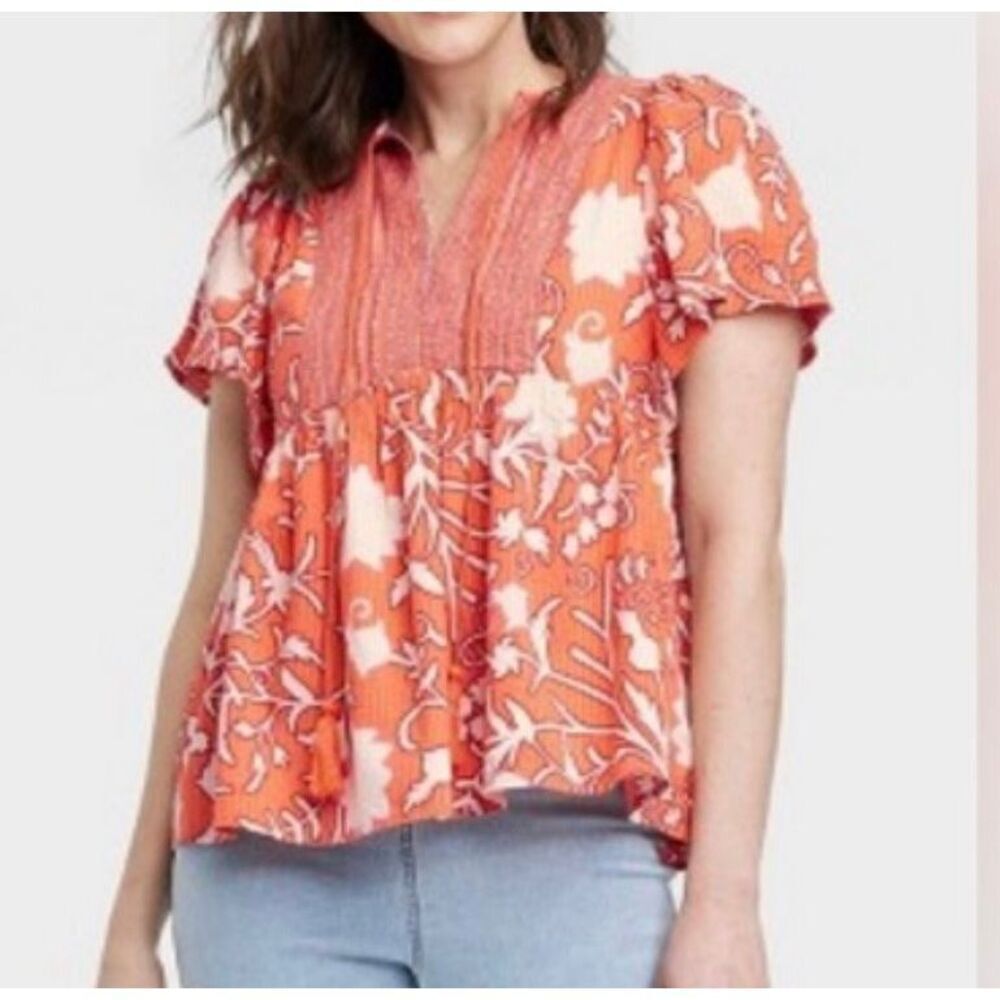 Knox Rose orange boho flutter sleeve floral top size small